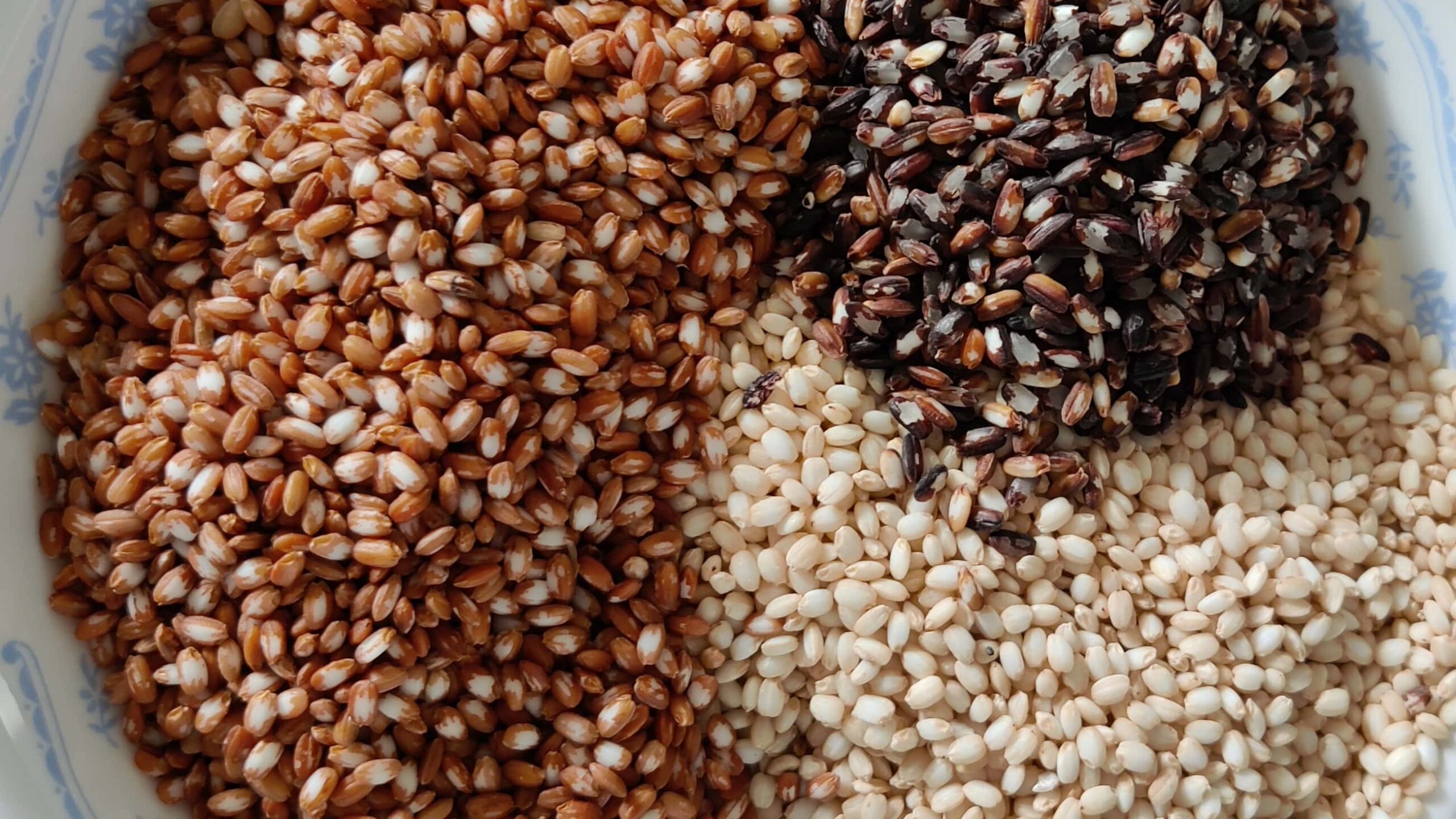 Red, black and white ancient rice grains piled up together in a bowel.